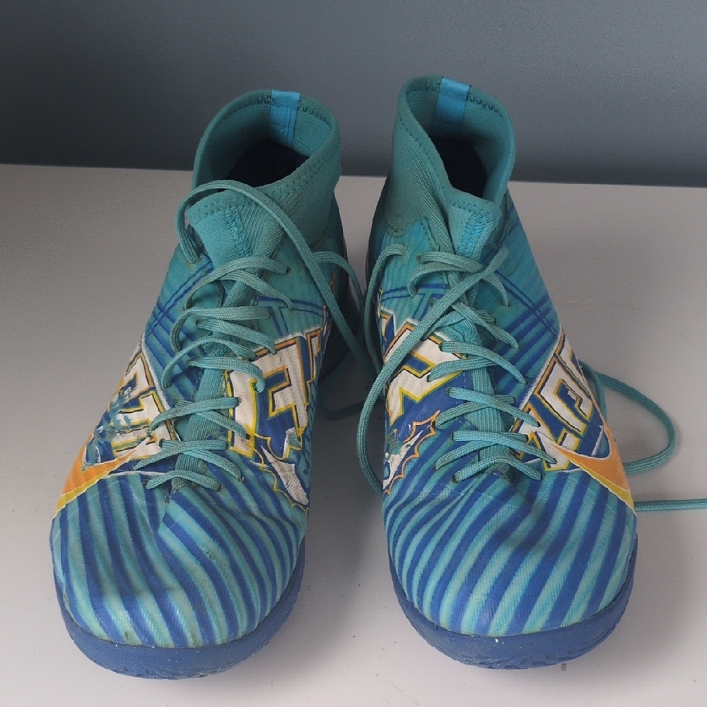 Blue and Green High-Top Sneakers with Striped Pattern